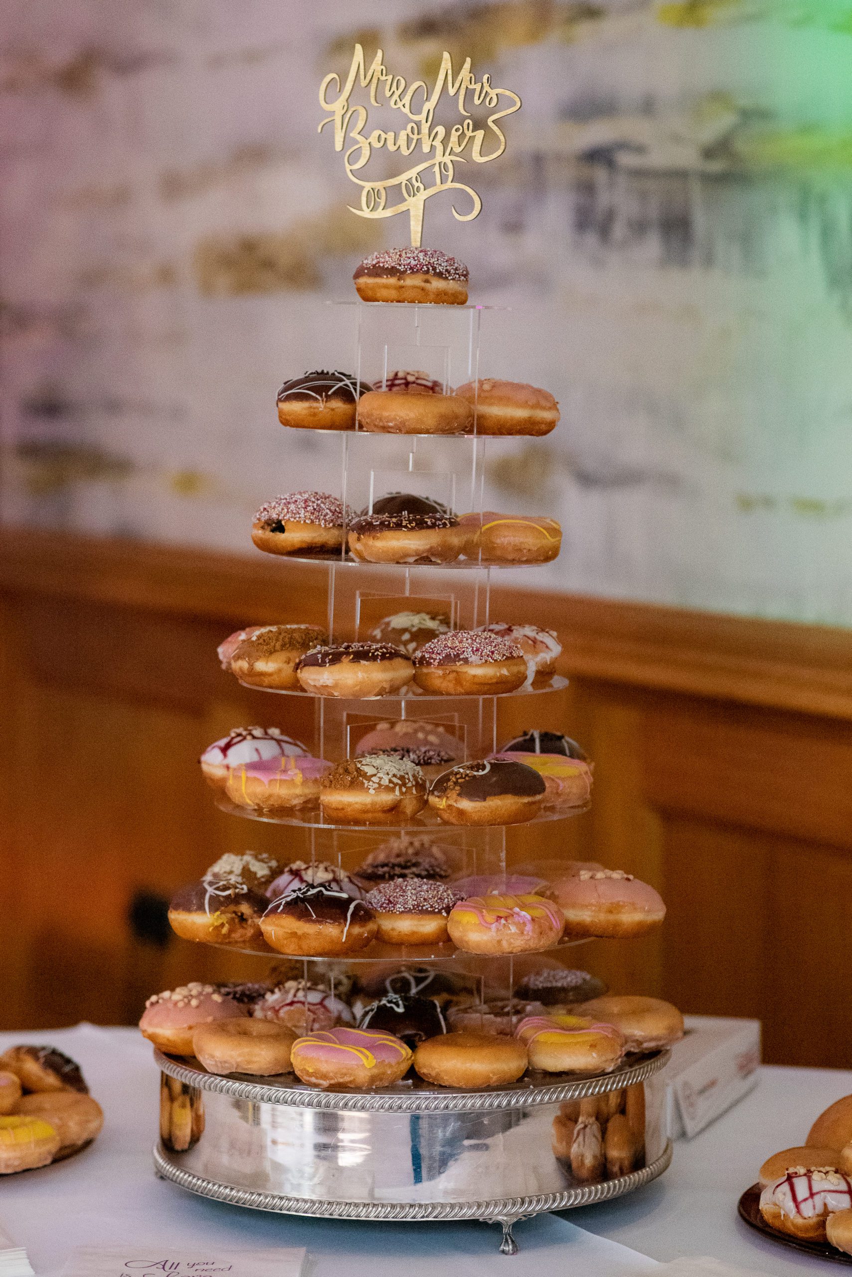 Donut tower with Mr and Mrs cake topper at Gibbon Bridge Hotel