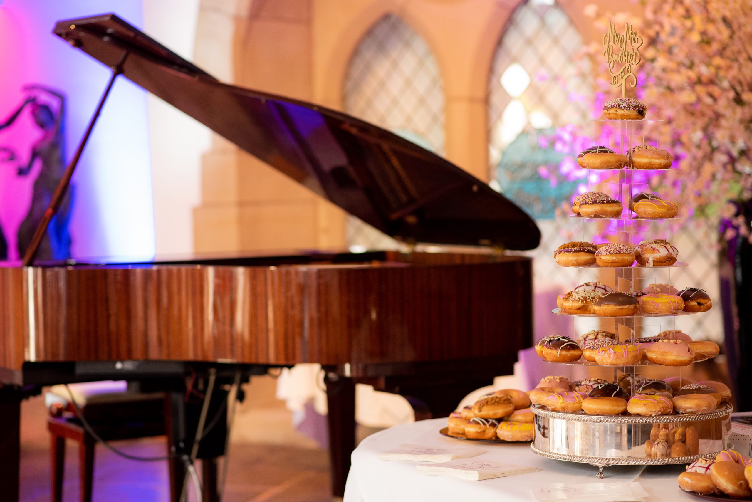 Donut tower by piano at Gibbon Bridge Hotel Ribble Valley